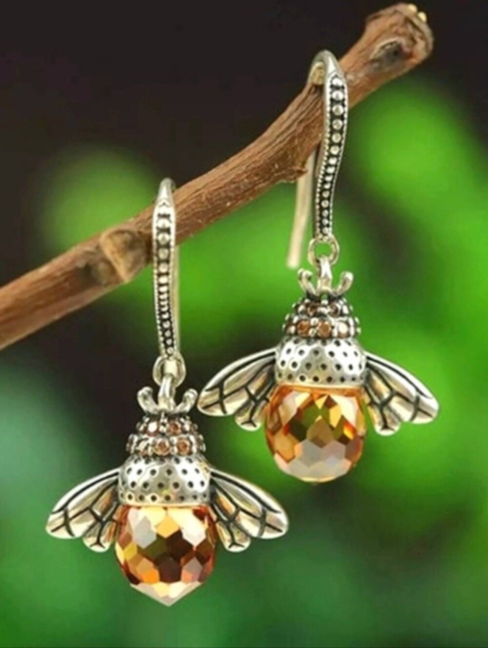 Queen Honey Bee Amber Zircon Crystal Silver Hook Dangle Earrings